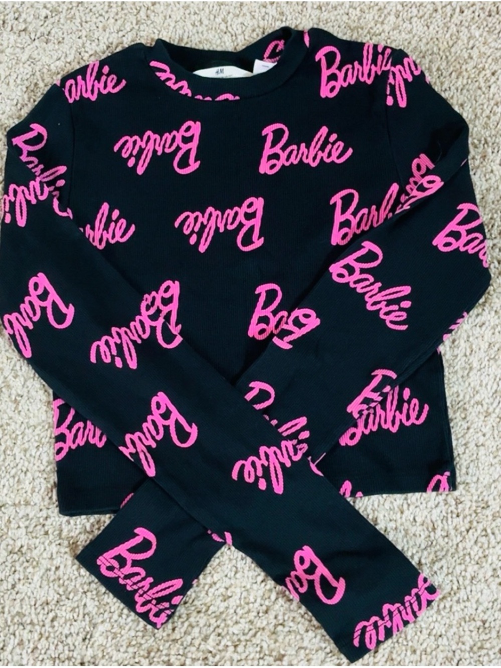 H&M Black Long-Sleeve Top with Pink Barbie Script